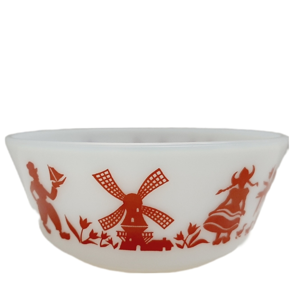 🍒 Vintage Hazel Atlas Dutch Theme Red & White Milk Glass Kids Child's Bowl